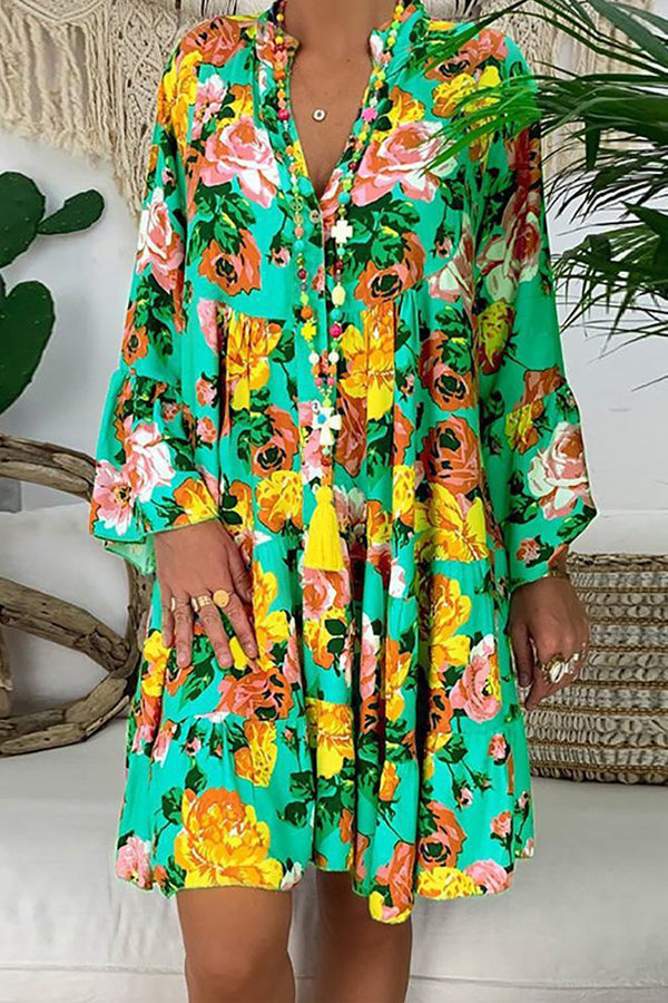 Floral Half Placket Button Up Swing Dress - Mislish