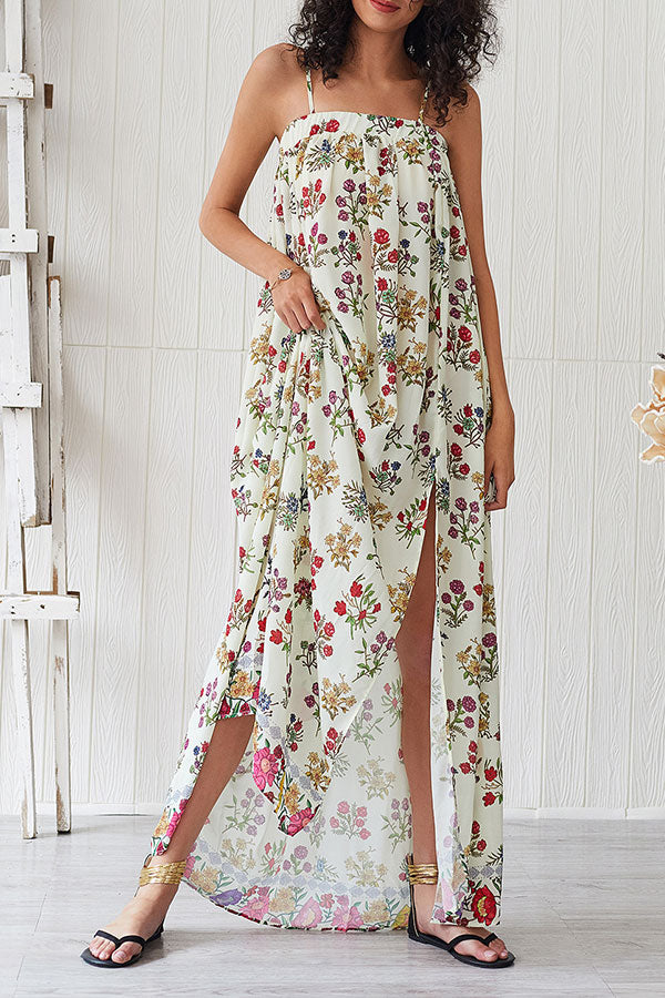 Floral Print Sleeveless Slit Maxi Dress - Mislish