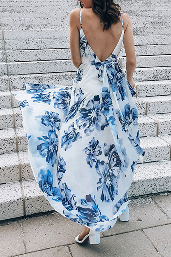 Floral Print Spaghetti Straps Backless Dress