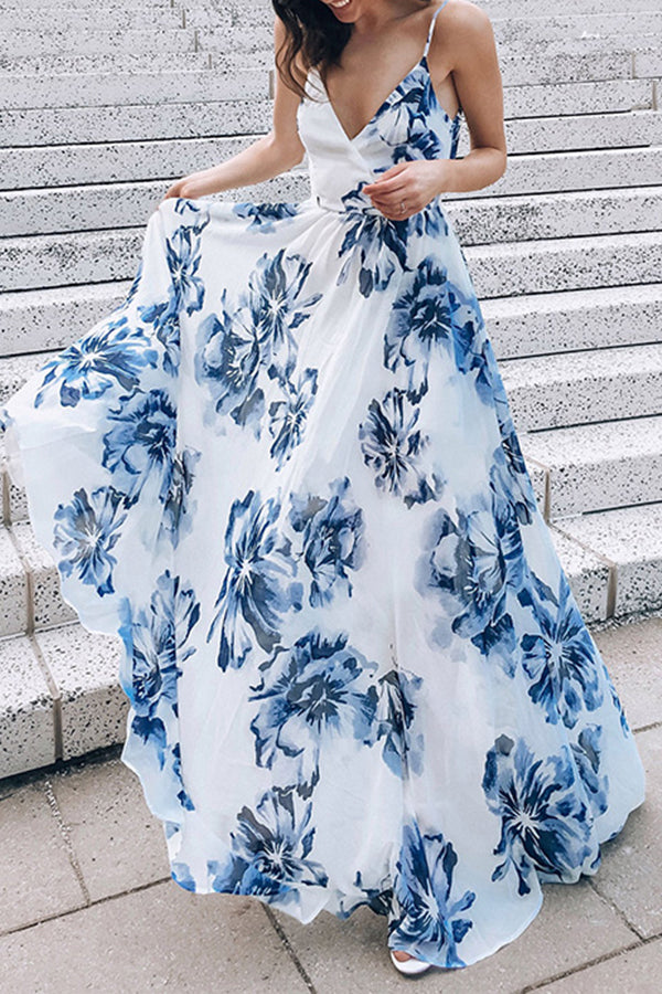 Floral Print Spaghetti Straps Backless Dress - Mislish