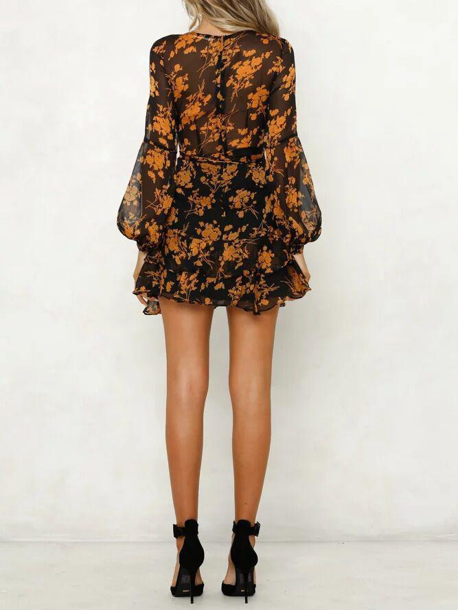 Floral Print Surplice-Neck Long-Sleeve Ruffle Mini Dress 6