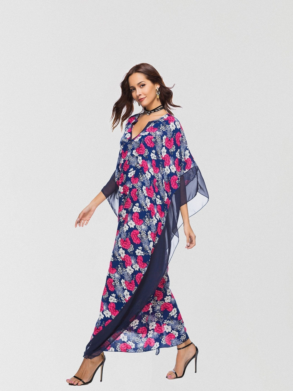 Floral-Print Chiffon V-Neck Batwing-Sleeve Kaftan Maxi Dress