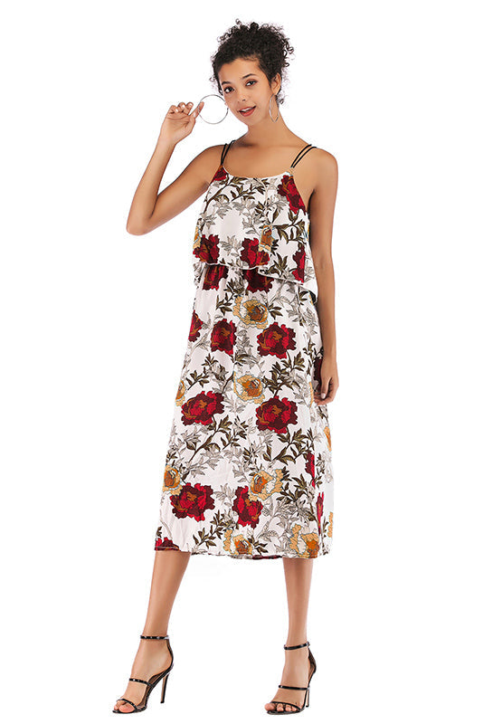 Flower Print Crisscross Spaghetti Straps Chiffon Dress - Mislish