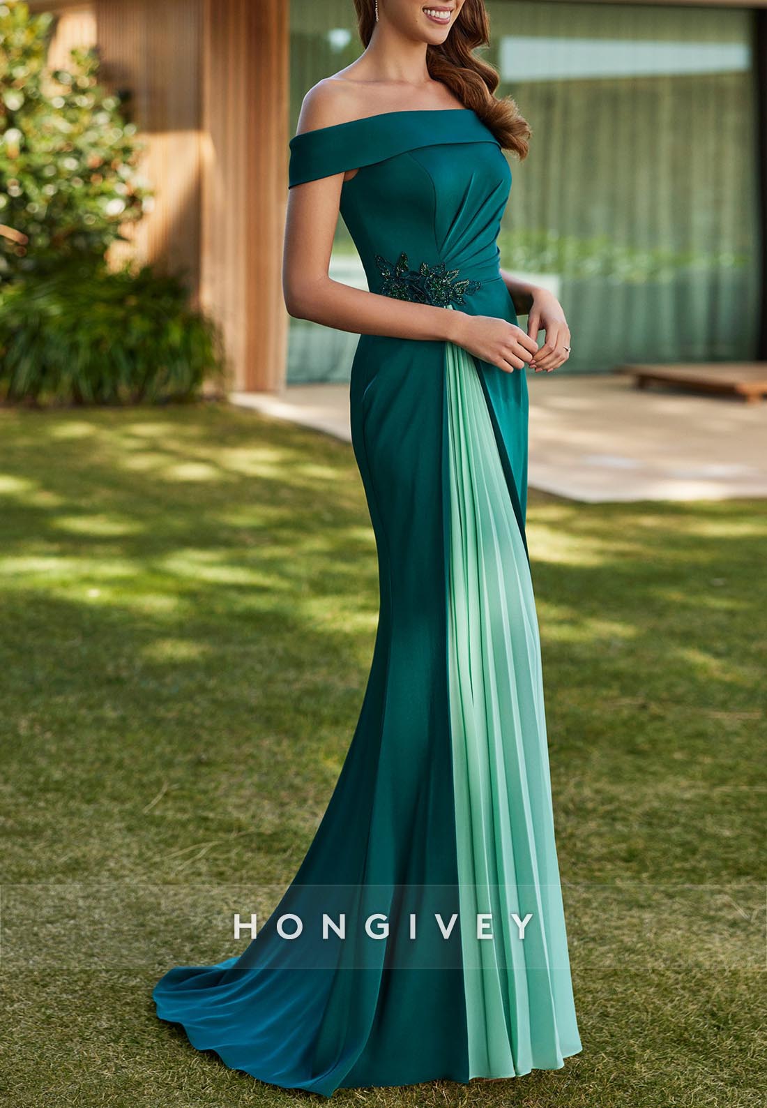 Elegant Trumpet Off the Shoulder Mother of Bride Pleated Beaded Sweep Train Evening Gown