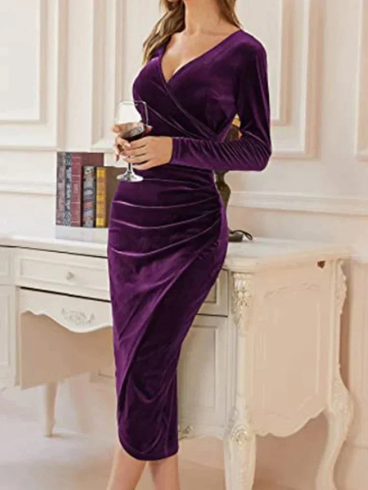 Velvet Deep V-Neck Wrap Long Sleeve Ruched Tulip Hem Midi Dress - View 6