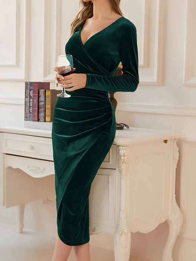 Velvet V-Neck Long Sleeve Ruched Wrap Bodycon Midi Dress 4