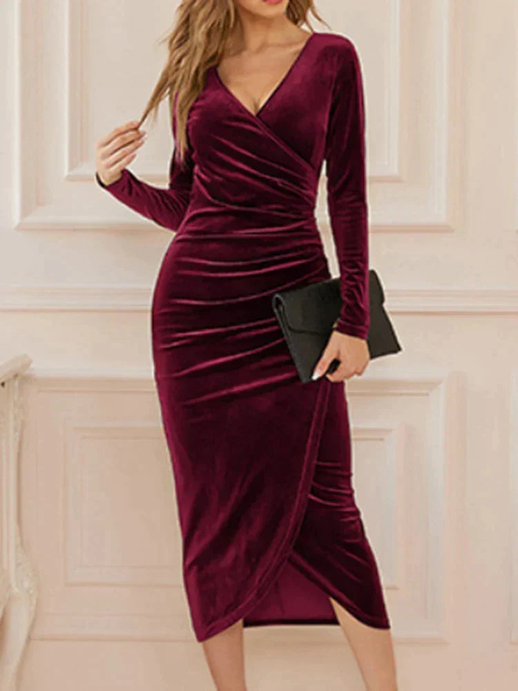 Velvet Deep V-Neck Wrap Long Sleeve Ruched Tulip Hem Midi Dress - View 2