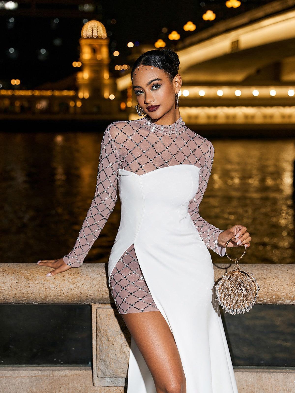 Rhinestone Mesh Mock Neck Long Sleeve Strapless Maxi Dress - View 3