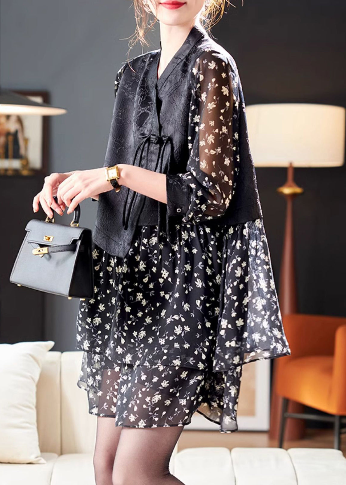Floral Print Long Sleeve Tiered Mini Dress Lace Up Vest Two Piece Set