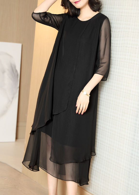 Chiffon Layered Tiered Hem Crew Neck Three Quarter Midi Dress