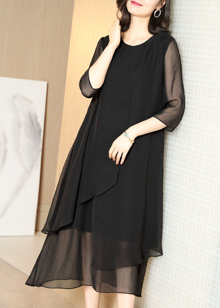 Chiffon Layered Tiered Hem Crew Neck Three Quarter Midi Dress - View 3