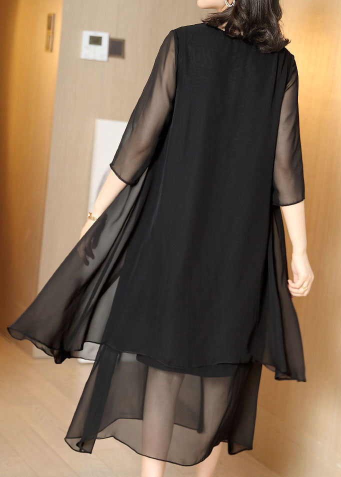 Chiffon Layered Tiered Hem Crew Neck Three Quarter Midi Dress - View 5