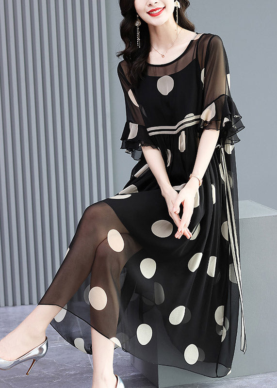 Polka Dot Chiffon Round Neck Sheer Yoke Double Ruffle Midi Dress