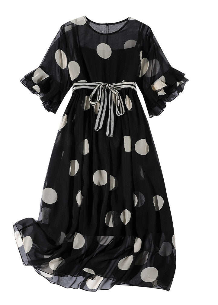 Polka Dot Chiffon Round Neck Sheer Yoke Double Ruffle Midi Dress - View 5