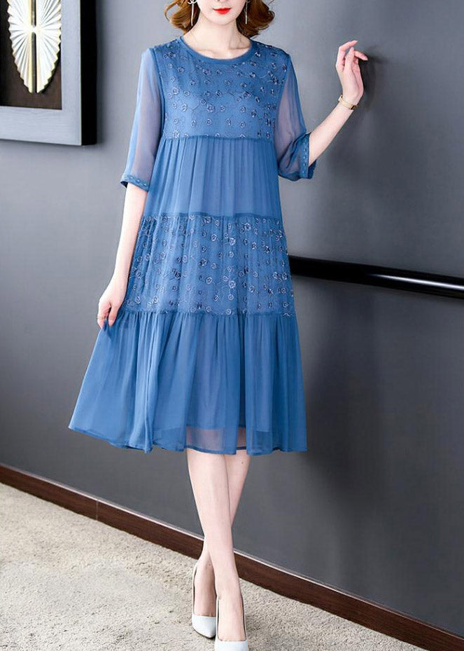 Chiffon Floral Embroidery Tiered Crew Neck Sheer Elbow Midi Dress - View 3