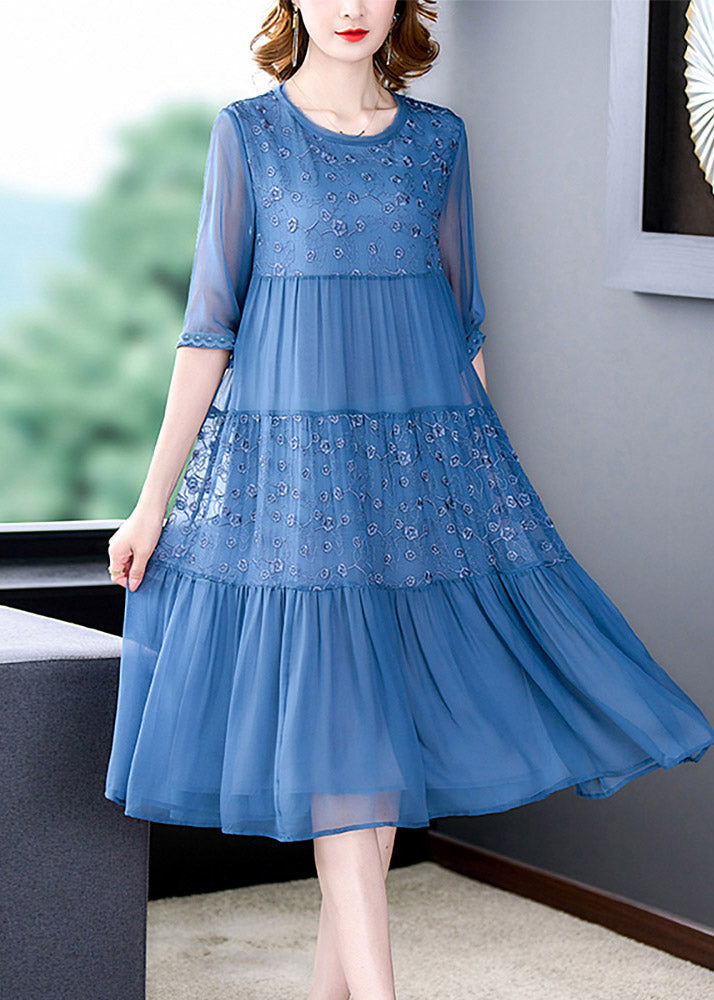 Chiffon Floral Embroidery Tiered Crew Neck Sheer Elbow Midi Dress - View 4