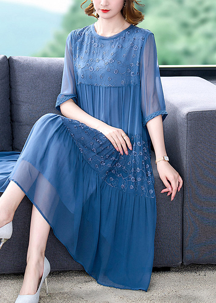 Chiffon Floral Embroidery Tiered Crew Neck Sheer Elbow Midi Dress - View 5