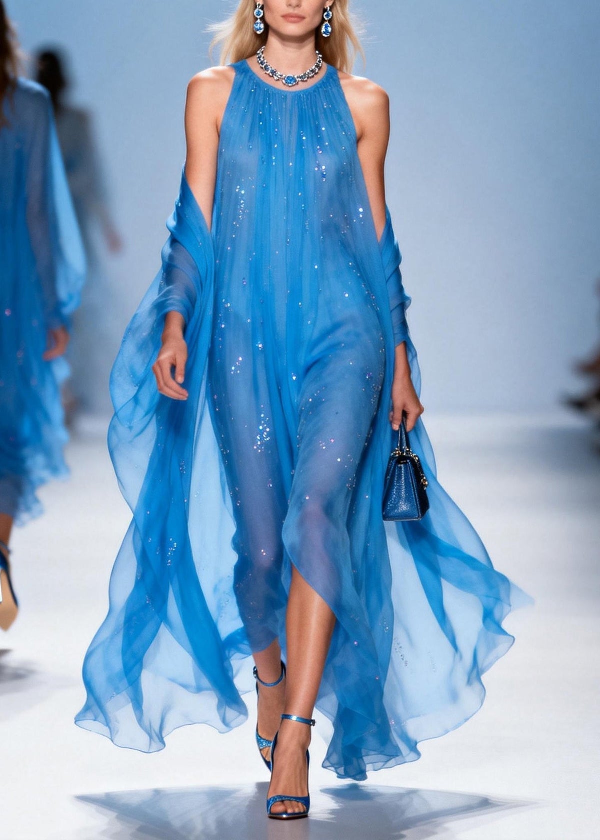Sequin Scatter Halter Neck Sheer Chiffon Maxi Gown With Wrap - View 3
