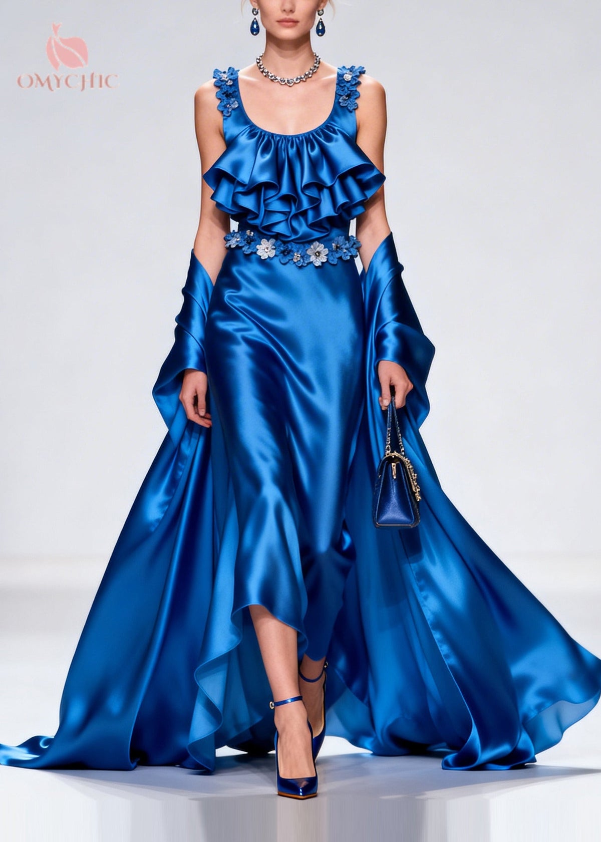 Tiered Ruffle Floral Appliqué Scoop Neck High Split Satin Set - View 3