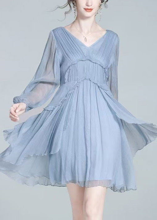V-Neck Bishop Sleeve Tiered Ruffle Pleated Chiffon Mini Dress