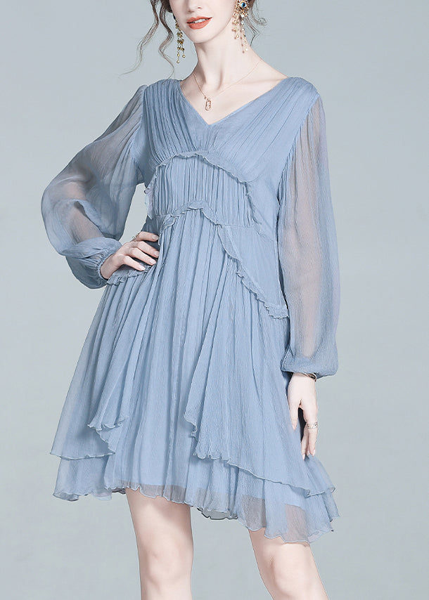 V-Neck Bishop Sleeve Tiered Ruffle Pleated Chiffon Mini Dress - View 3