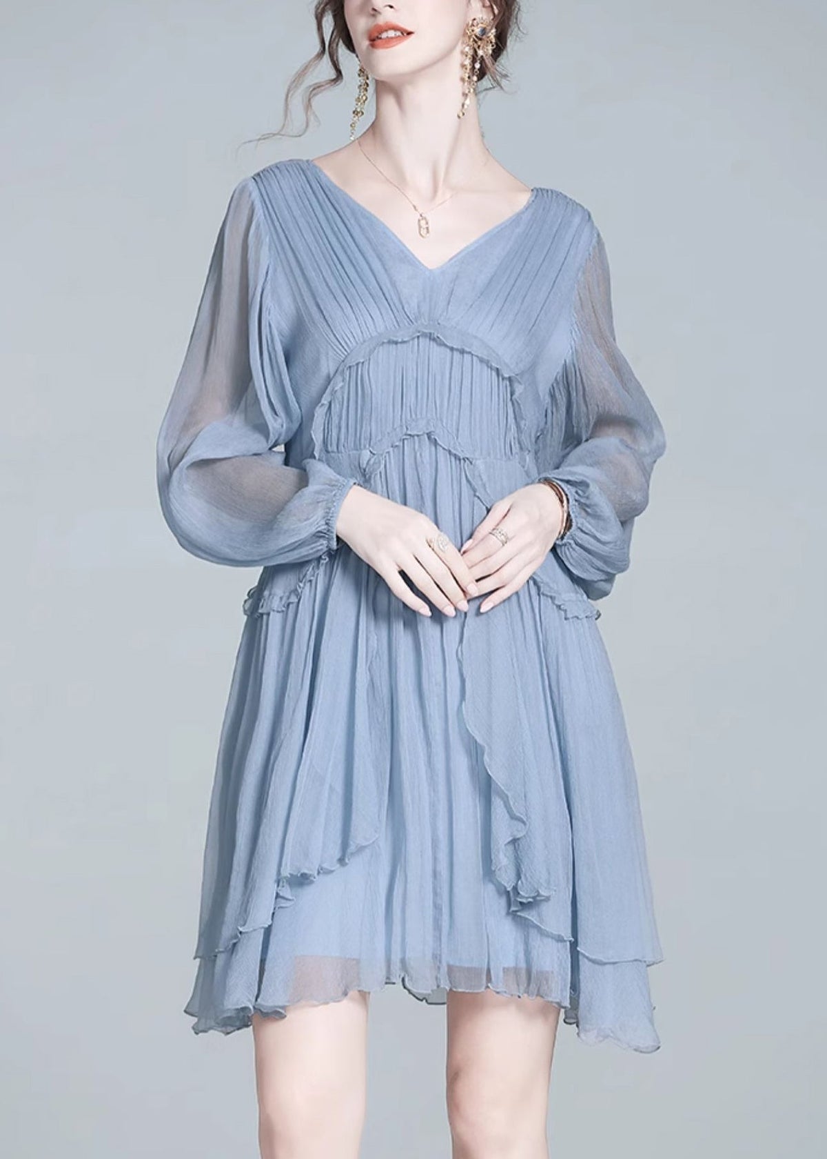 V-Neck Bishop Sleeve Tiered Ruffle Pleated Chiffon Mini Dress - View 4