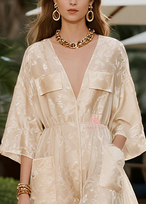 Floral Jacquard Deep V-Neck Patch Pocket Elastic Midi Party Dress - View 2