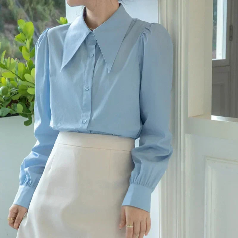 Chic Puff Sleeve Turn Down Collar White Blouse Blue / S blouse-250126