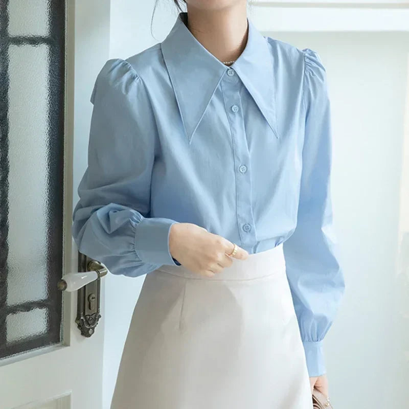 Chic Puff Sleeve Turn Down Collar White Blouse