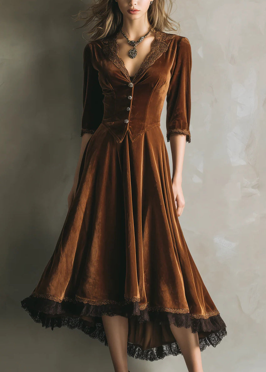 Velvet V-Neck Three Quarter Sleeve Button Front Midi Dress