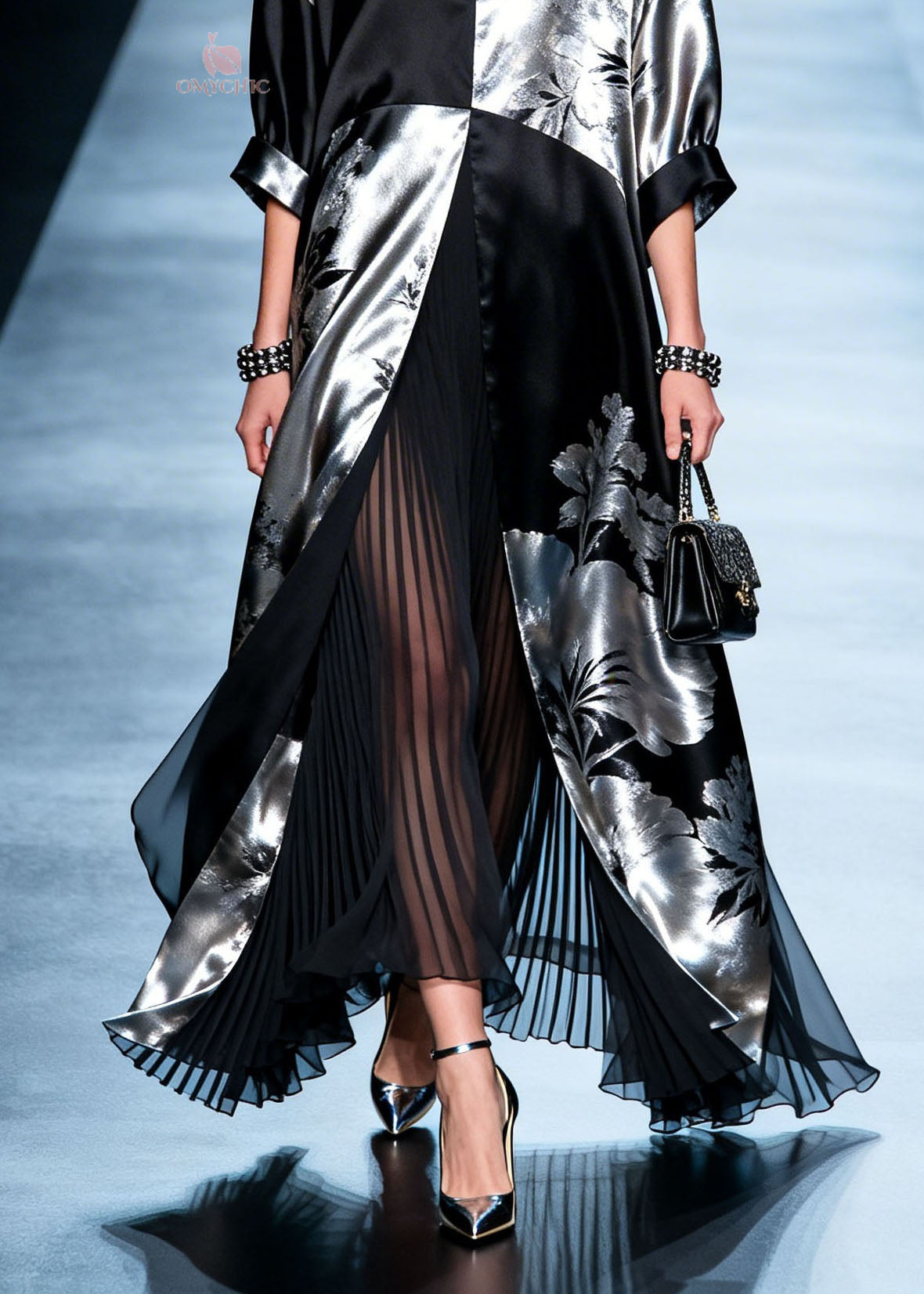 Metallic Floral V-Neck Open Front Wide Cuff Sleeve Maxi Gown - View 4