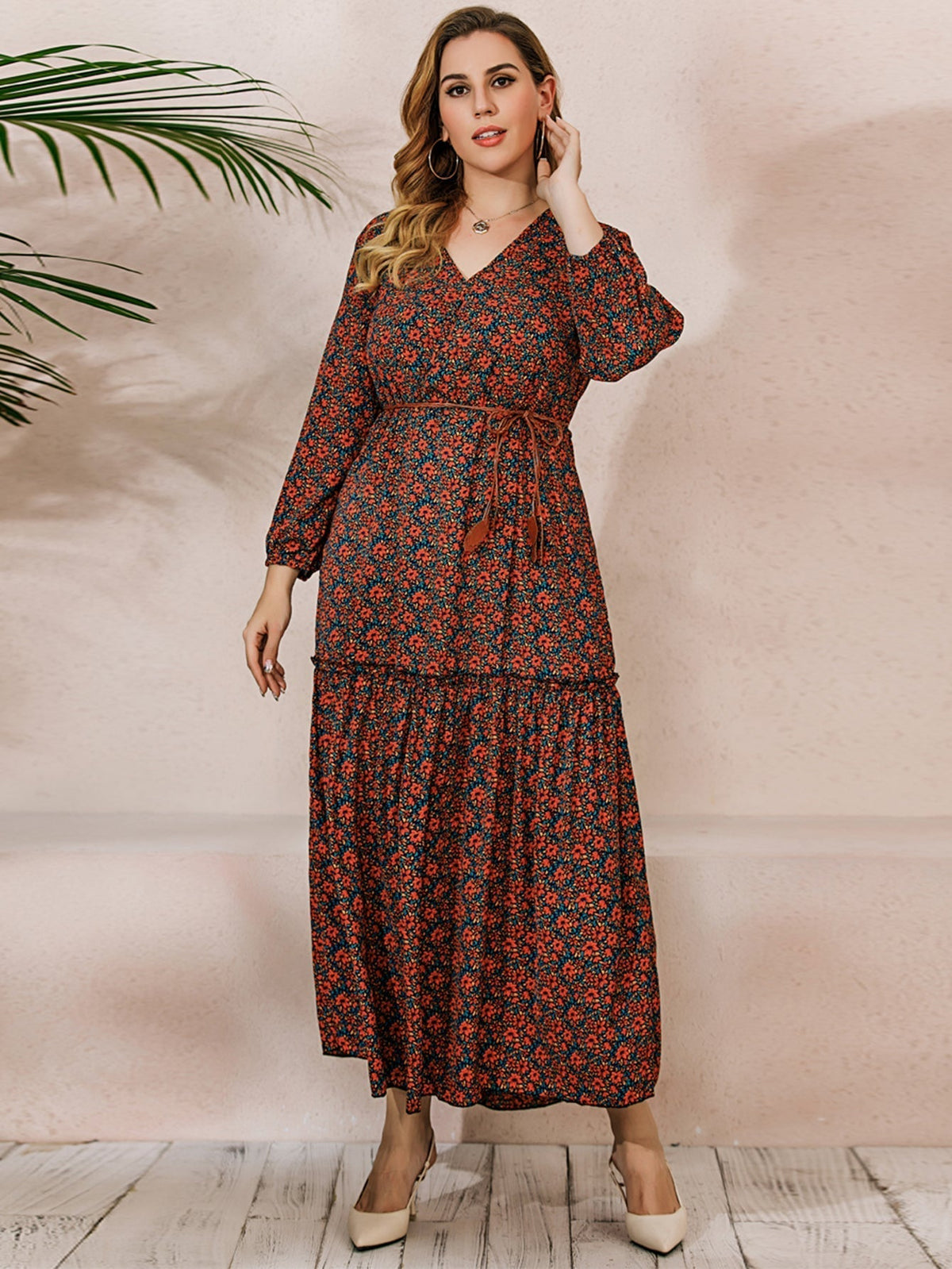 Floral Print Long Sleeve V-Neck Tiered Maxi Dress