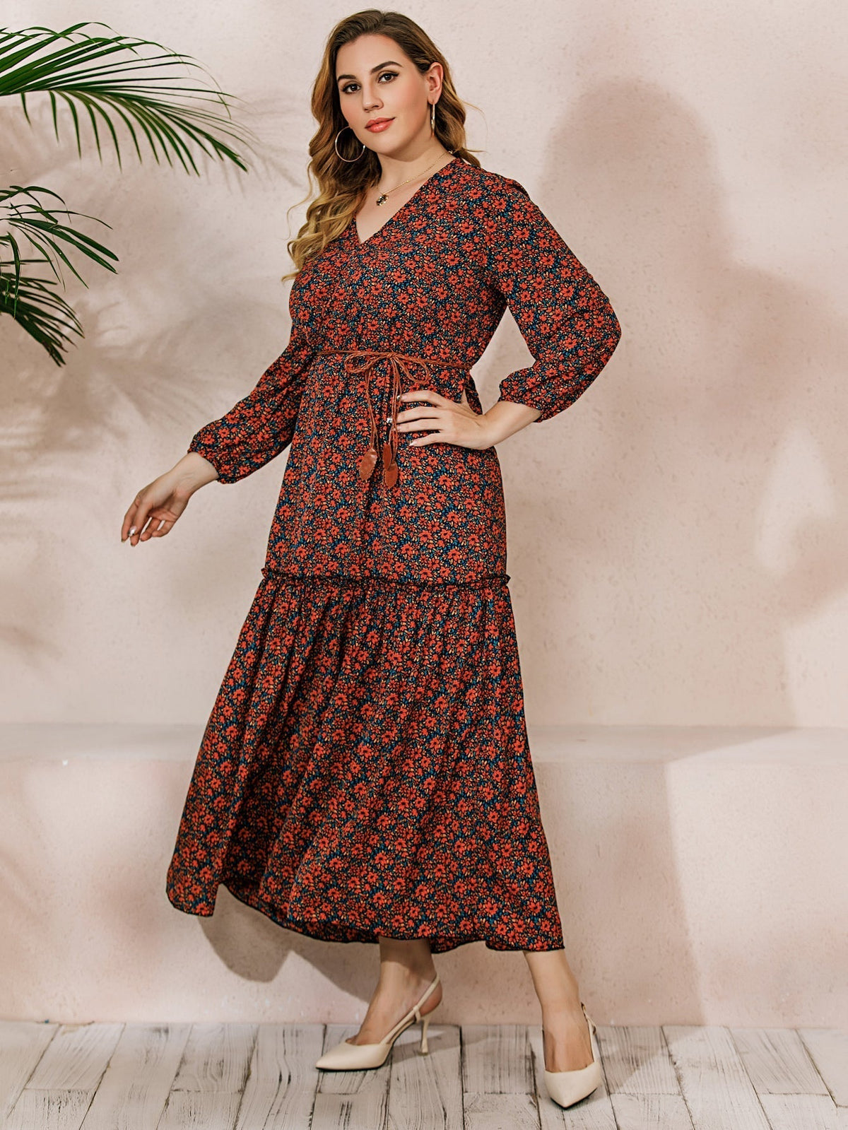 Floral Print Long Sleeve V-Neck Tiered Maxi Dress