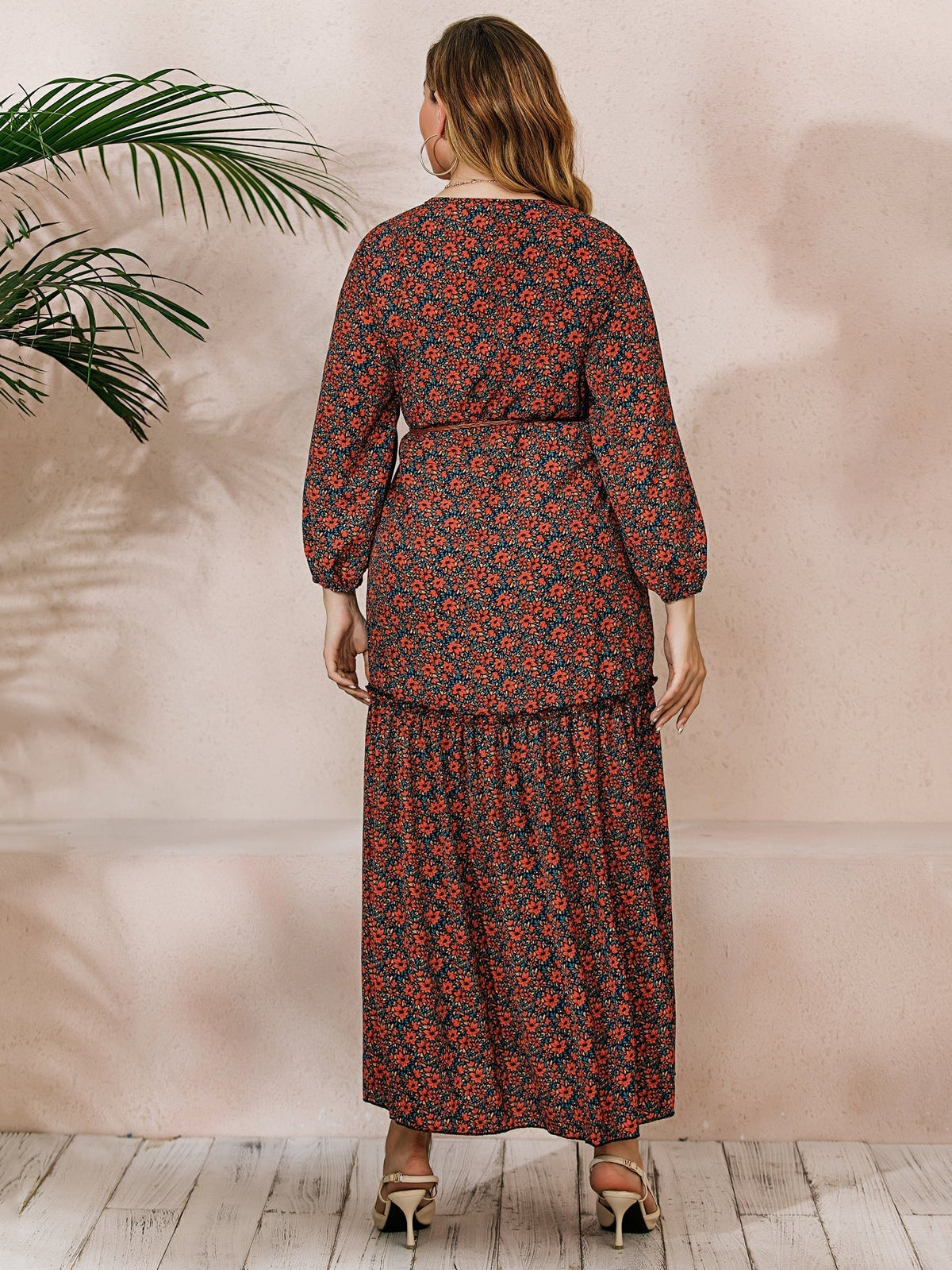 Floral Print Long Sleeve V-Neck Tiered Maxi Dress