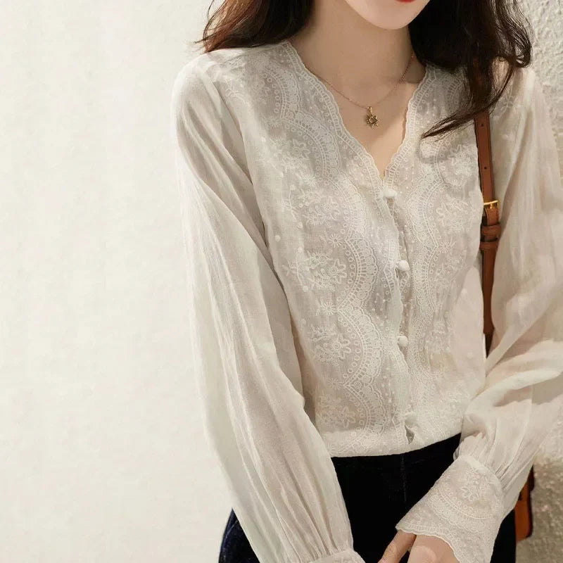 Embroidered Lace V-neck Linen Blouse Autumn Blouse