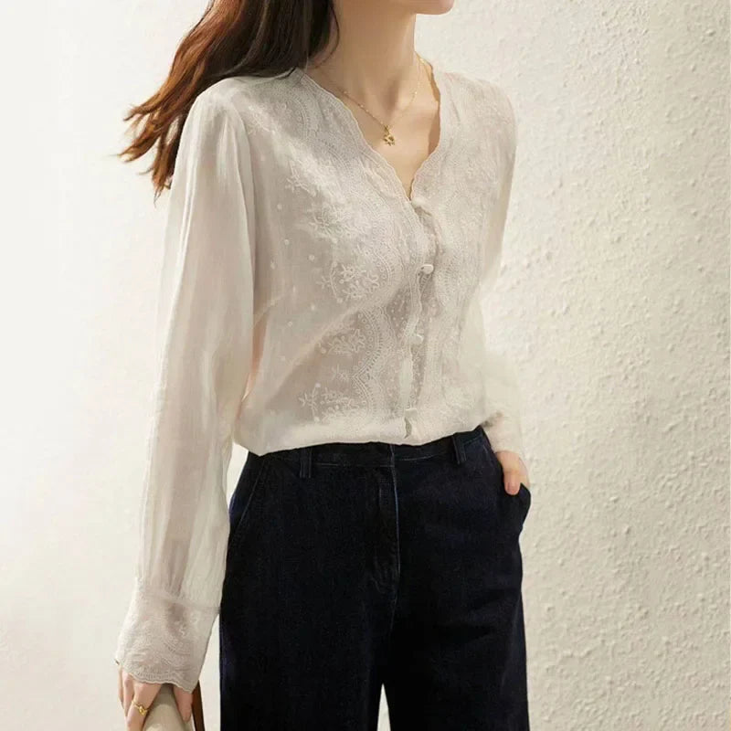 Embroidered Lace V-neck Linen Blouse Autumn Blouse