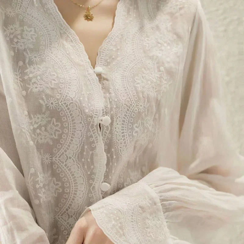 Embroidered Lace V-neck Linen Blouse Autumn Blouse