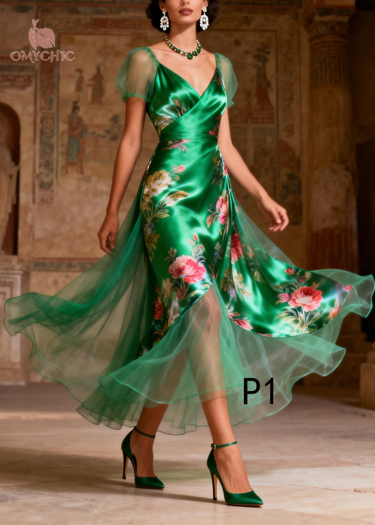 Tulle Overlay Puff Sleeve Wrap V-Neck Satin A-Line Midi Party Dress