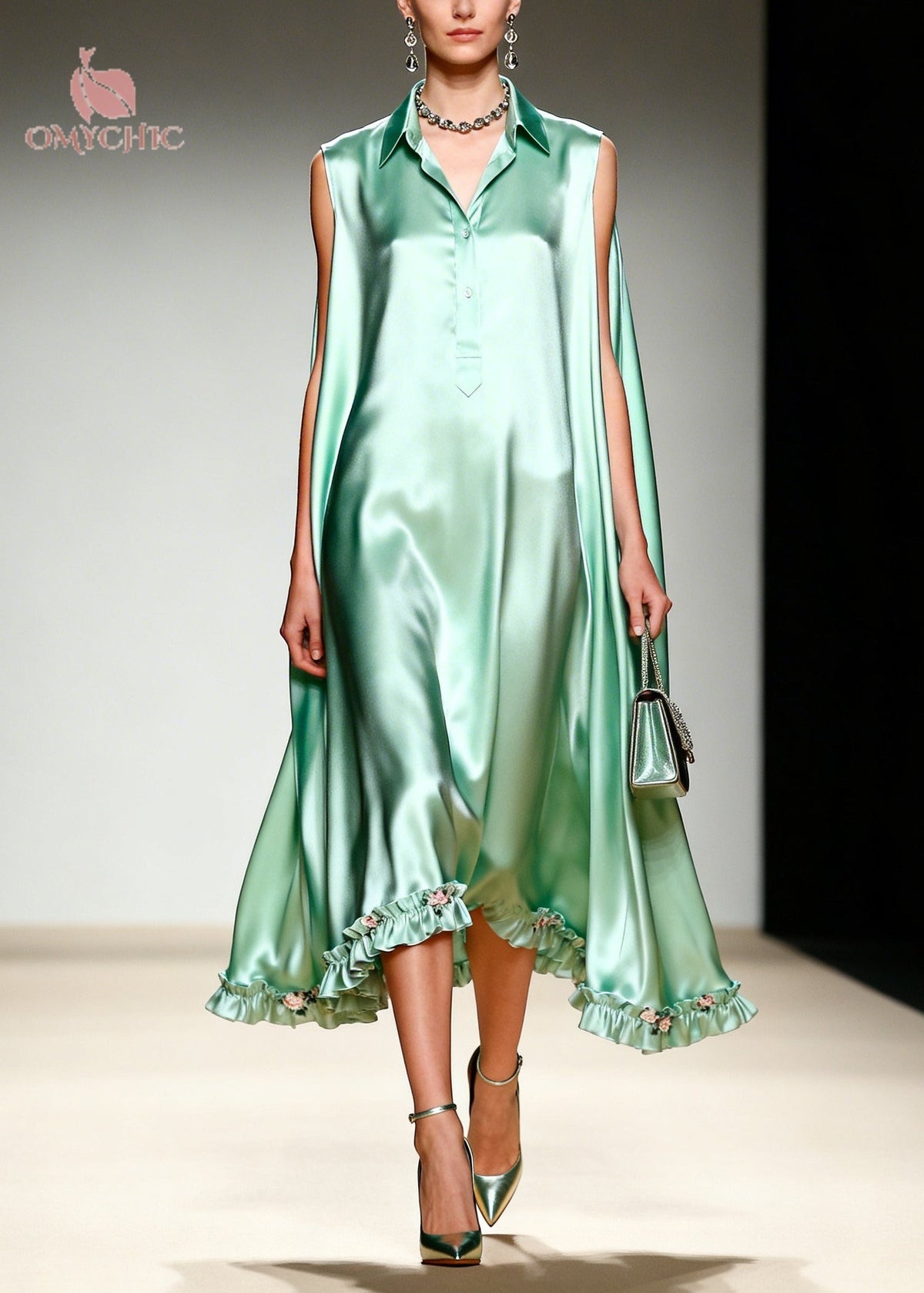 Satin Collared Sleeveless High Low Ruffle Hem Midi Dress