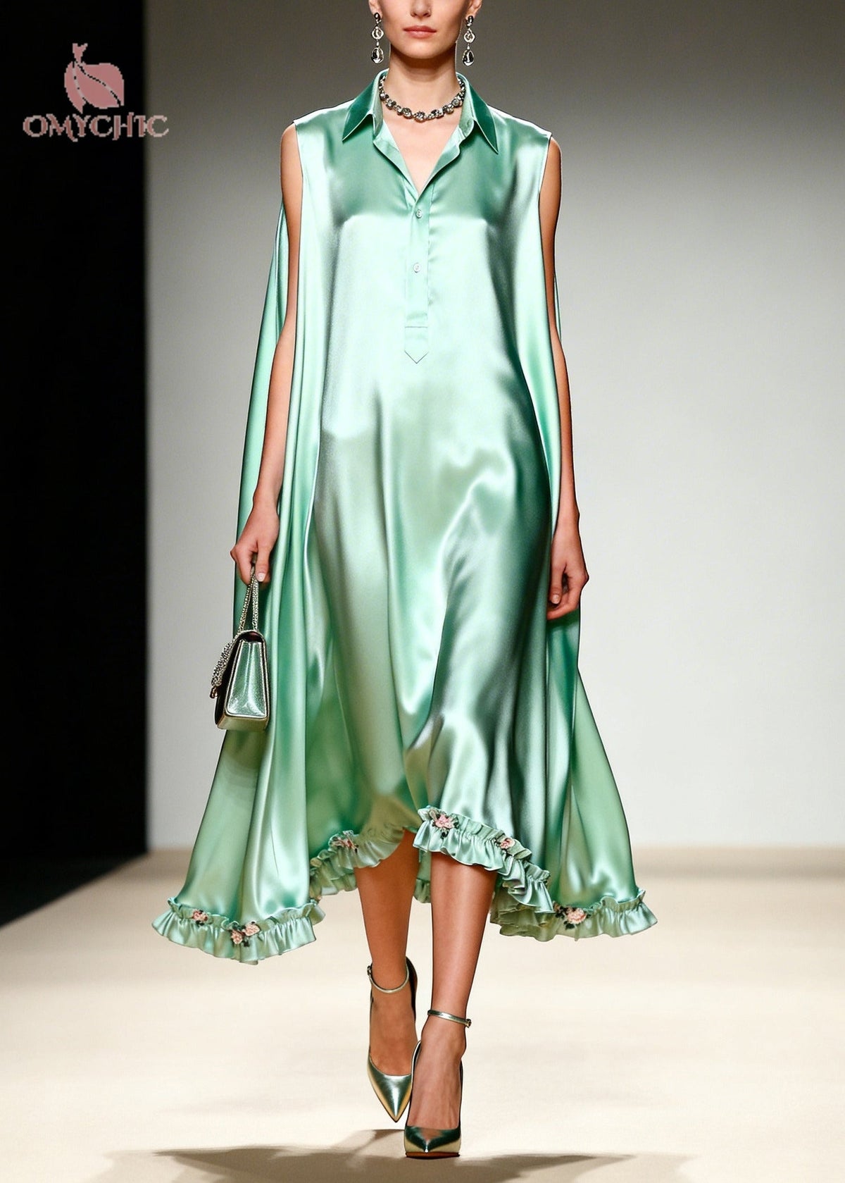 Satin Collared Sleeveless High Low Ruffle Hem Midi Dress - View 3