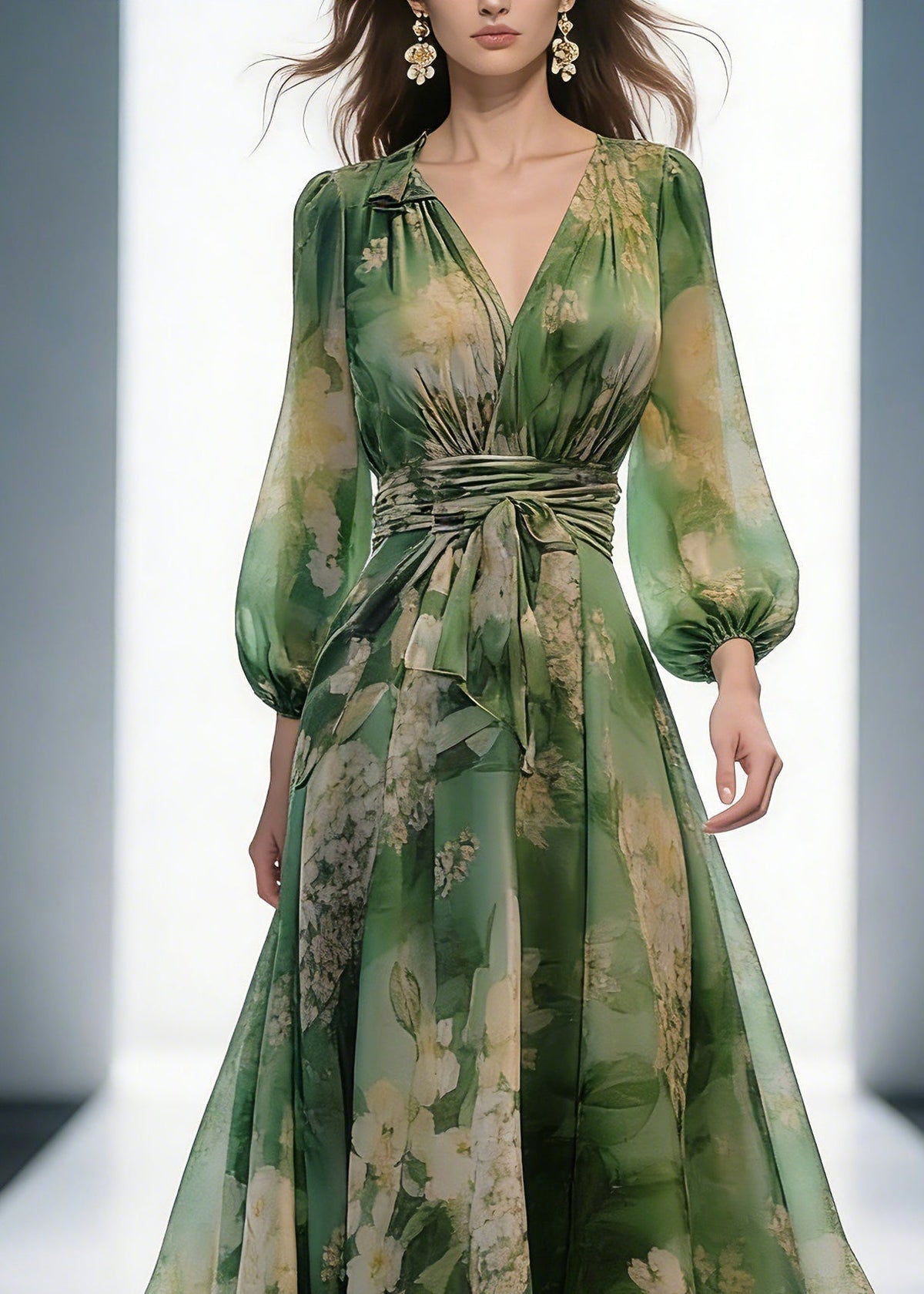 French Green V Neck Print High Waist Chiffon Dresses Long Sleeve - View 2
