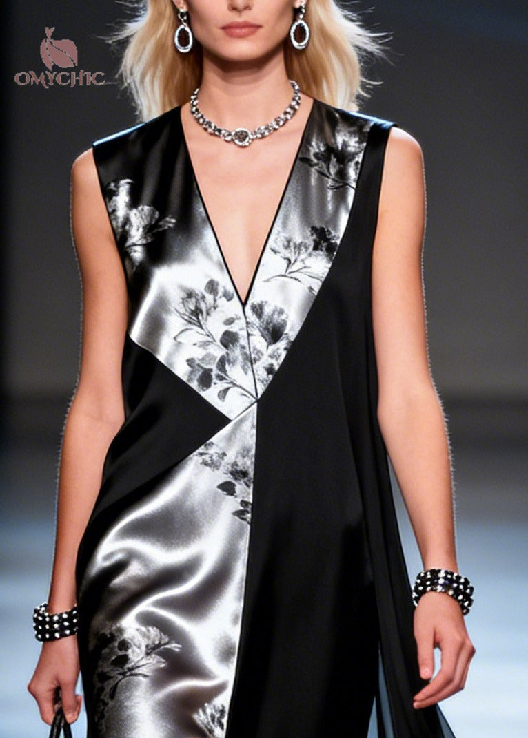 Metallic Floral Panel Deep V-Neck Sleeveless High Split Cape Maxi Gown - View 4