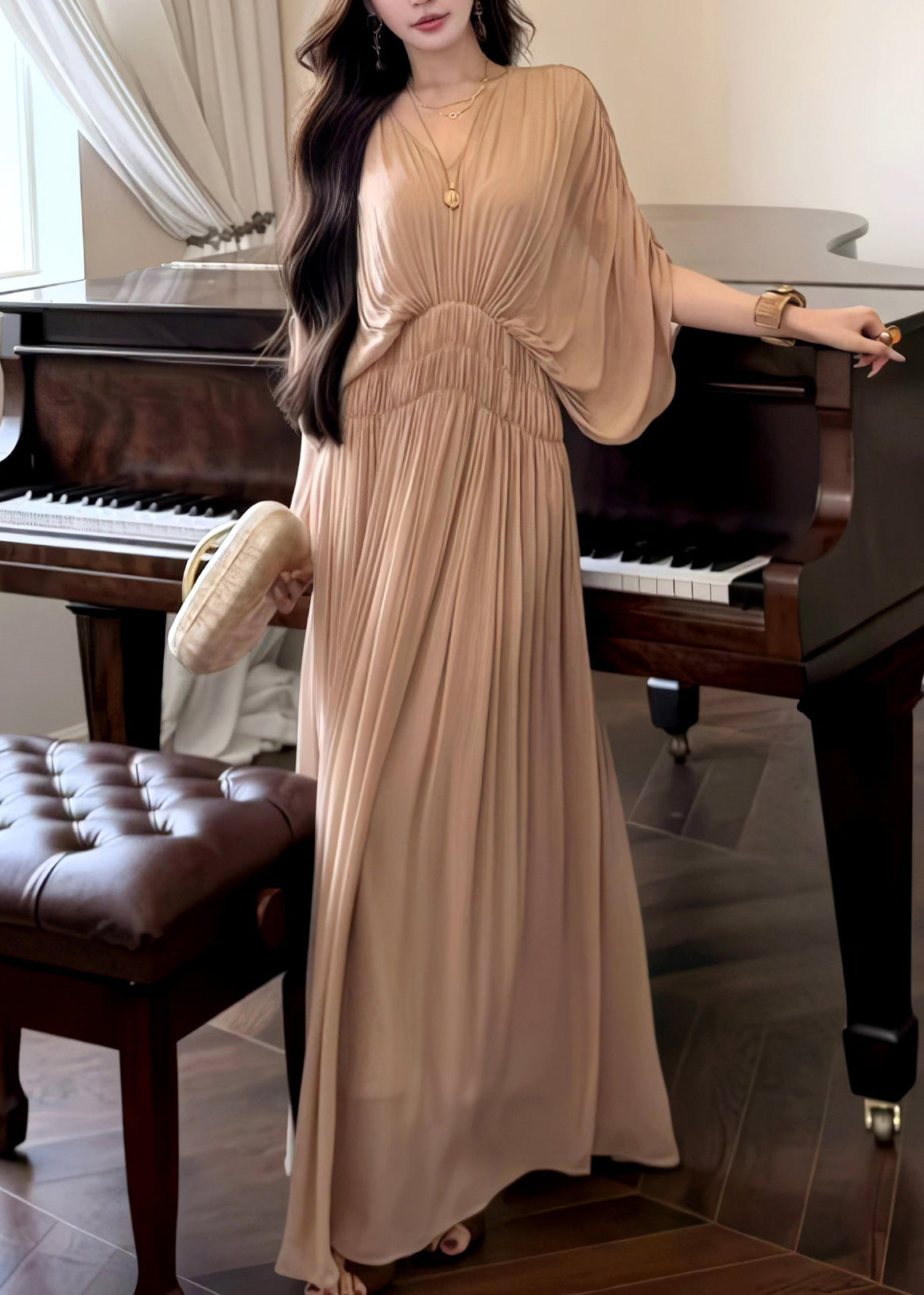 Chiffon Pleated Deep V-Neck Batwing Sleeve Smocked Waist Maxi Dress