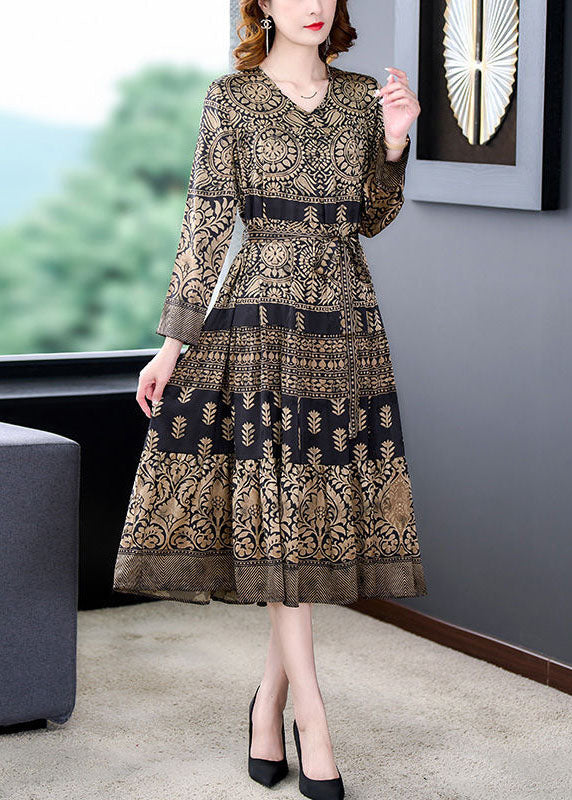 Mandala Print V-Neck Long Sleeve Belted A-Line Midi Dress