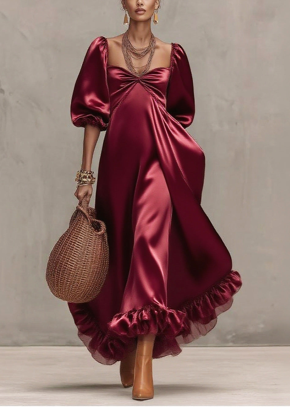 Satin Sweetheart Neck Puff Sleeve Ruffle Hem Tiered Midi Dress