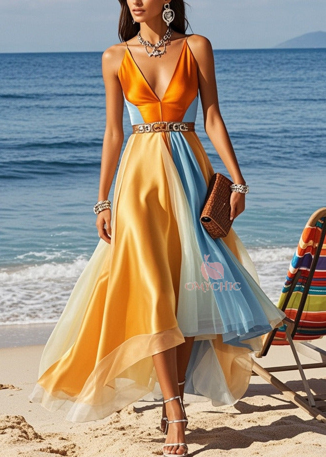 Spaghetti Strap Deep V-Neck Belted Panel High Low Mesh Hem Maxi Gown - View 3
