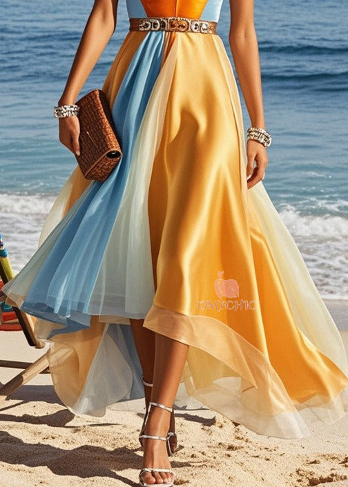 Spaghetti Strap Deep V-Neck Belted Panel High Low Mesh Hem Maxi Gown - View 4
