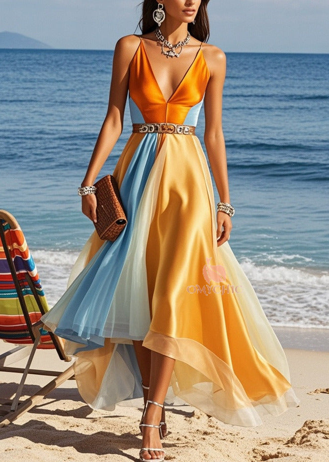 Spaghetti Strap Deep V-Neck Belted Panel High Low Mesh Hem Maxi Gown - View 5