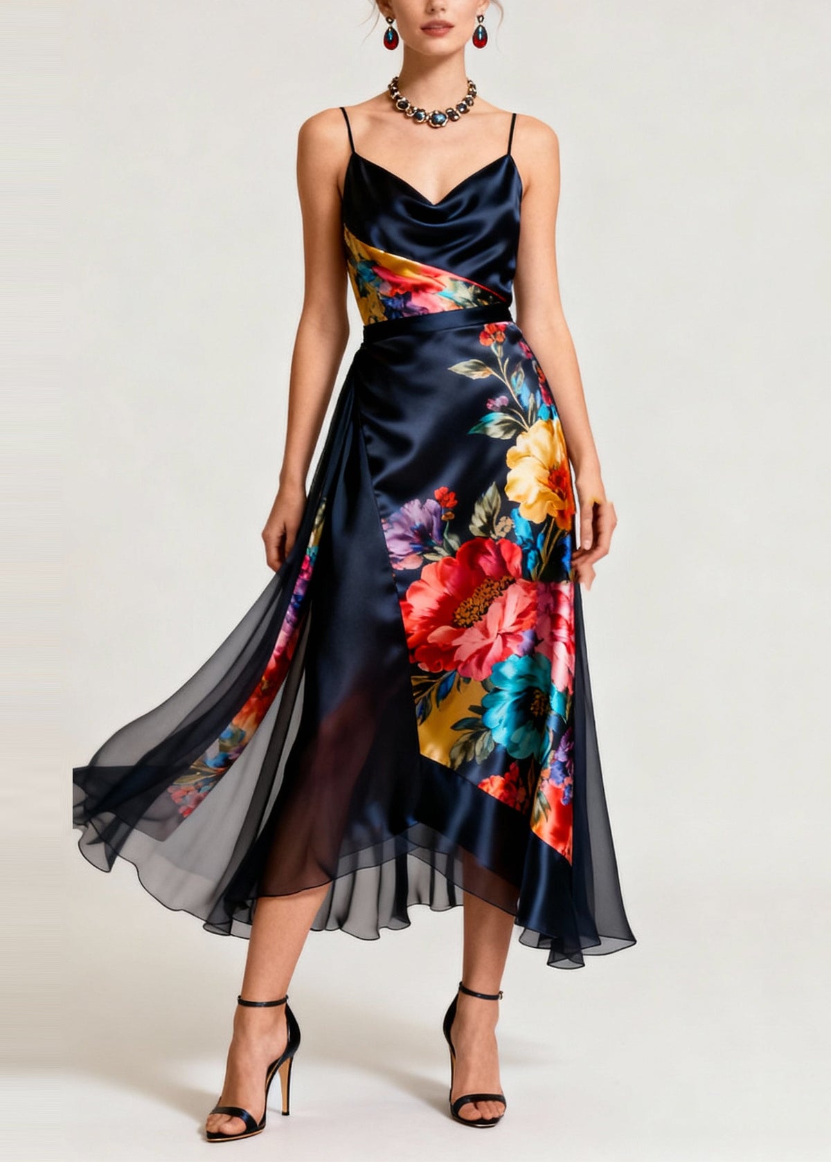 Floral Print Satin Cowl Neck Spaghetti Strap Midi Dress