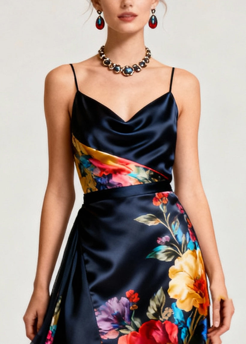 Floral Print Satin Cowl Neck Spaghetti Strap Midi Dress - View 2